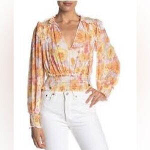 Free People - Twilight Bright Floral Ruffle Smocked Hem Long Sleeve Blouse XS
